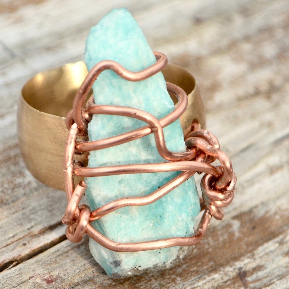 Custom Natural Blue Amazonite Brass Copper Ring - Picture 1 of 6